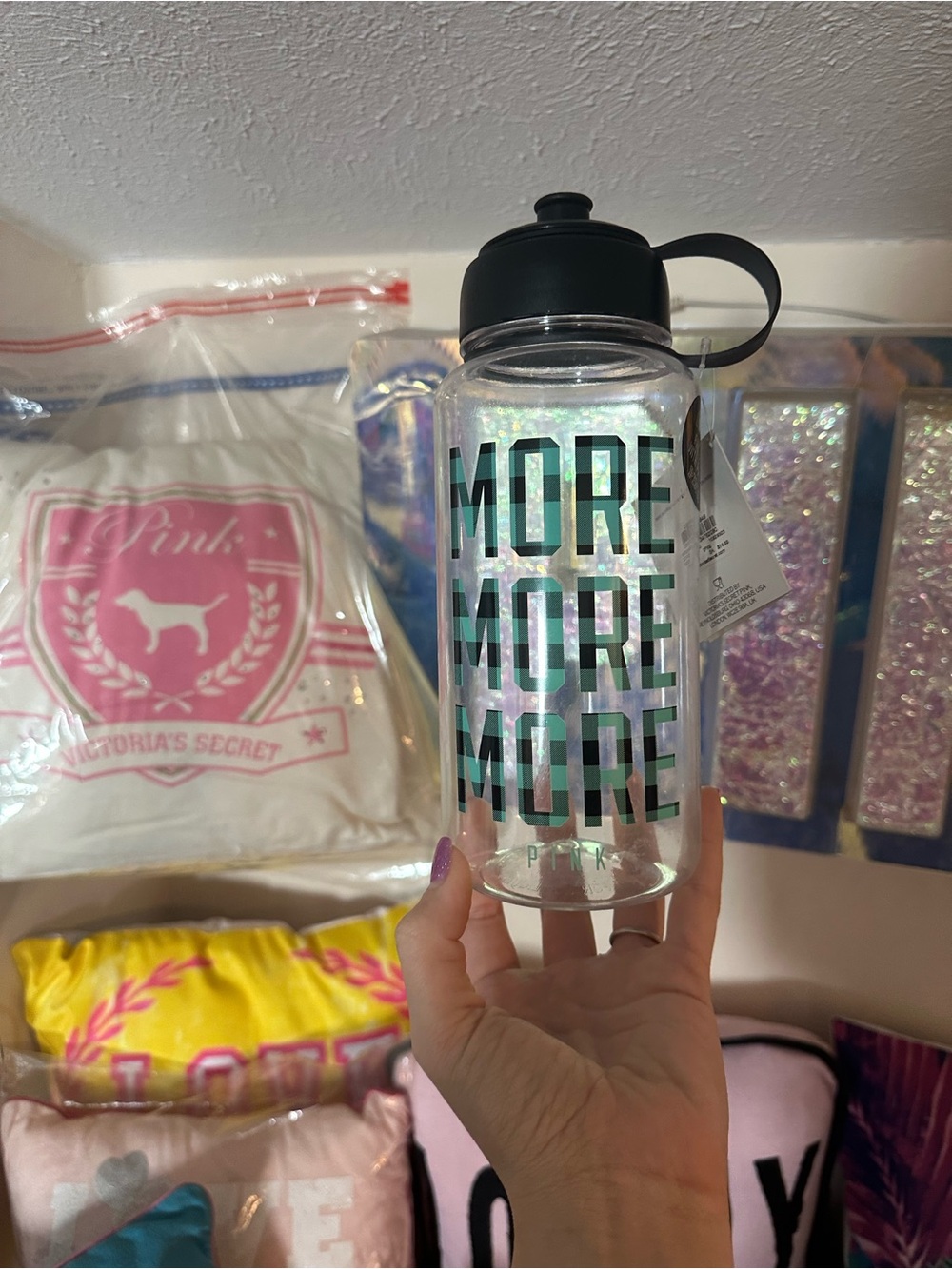 Blue plaid 'MORE MORE MORE' Water Bottle with Black Lid